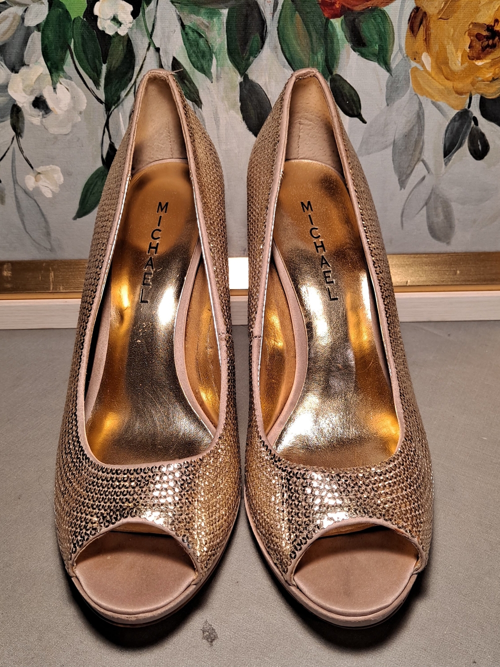 Michael Shannon Paprika Gold Ditsy Sequin Peep-Toe Pump Platform Heels 8.5
